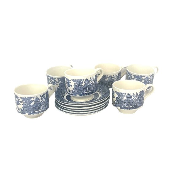 Churchill Ironstone Vintage Blue & White Willow Pattern Cups With Saucers Set Of - Picture 6 of 11